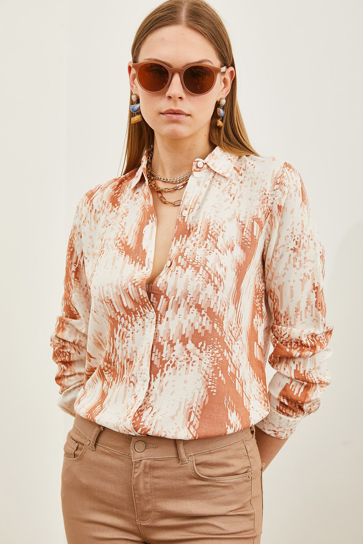 Olalook-Women's Geometric Tan Patterned Woven Viscose Shirt GML-19001204 4