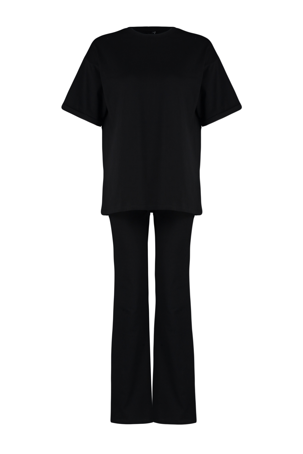 Trendyolmilla  Siyah %100 Pamuk Oversize Kalıp İspanyol Paça Örme T-shirt/Pantolon Alt-Üst Takım TWOSS24AU00059 - Görsel 7