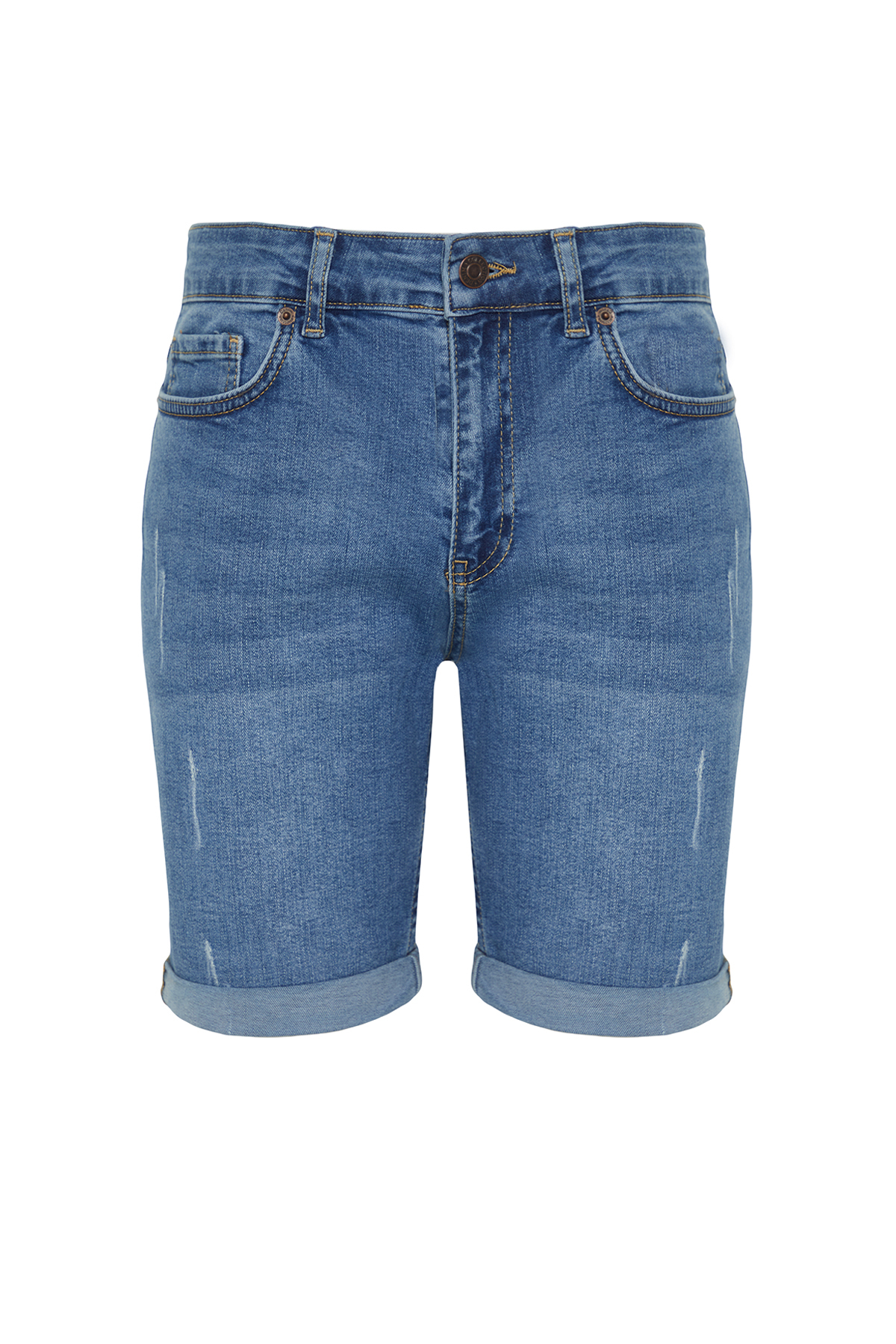 Trendyolmilla  Mavi Slim Fit Tırmık Destroylu Denim Kot Şort TMNSS21SR0727 - Görsel 6