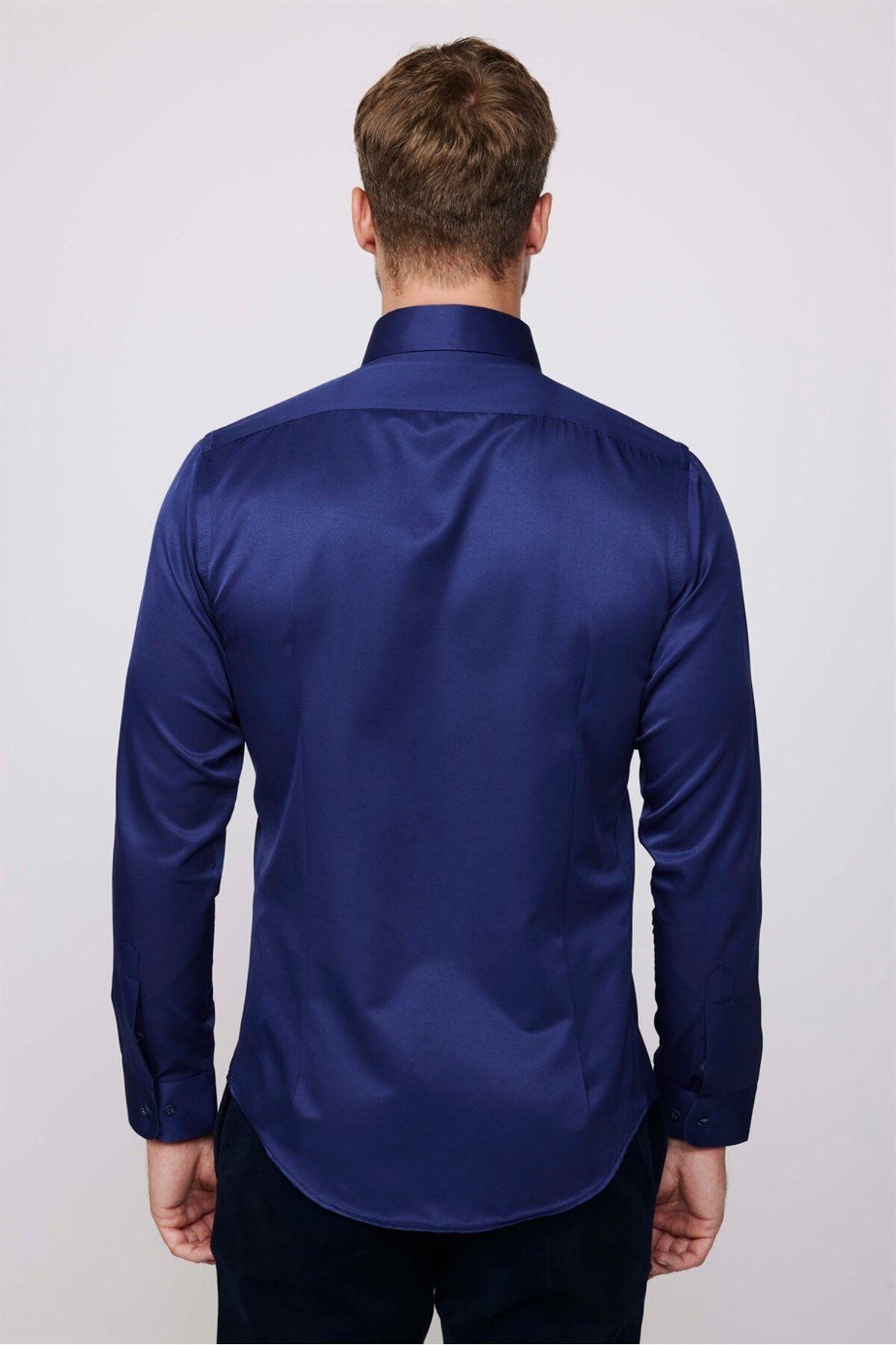 Tudors-Slim Fit Long Sleeve Cotton Plain Men's Navy Blue Shirt 4