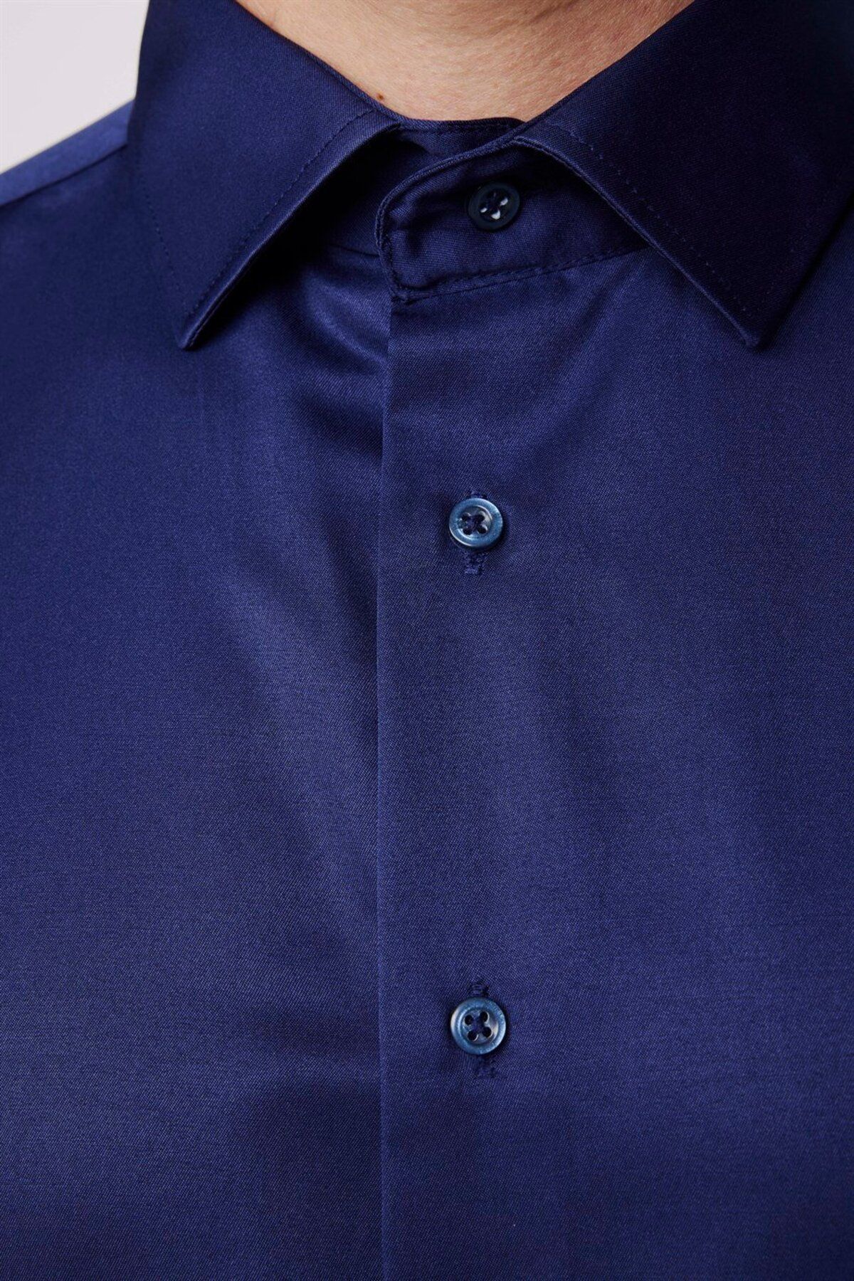 Tudors-Slim Fit Long Sleeve Cotton Plain Men's Navy Blue Shirt 5