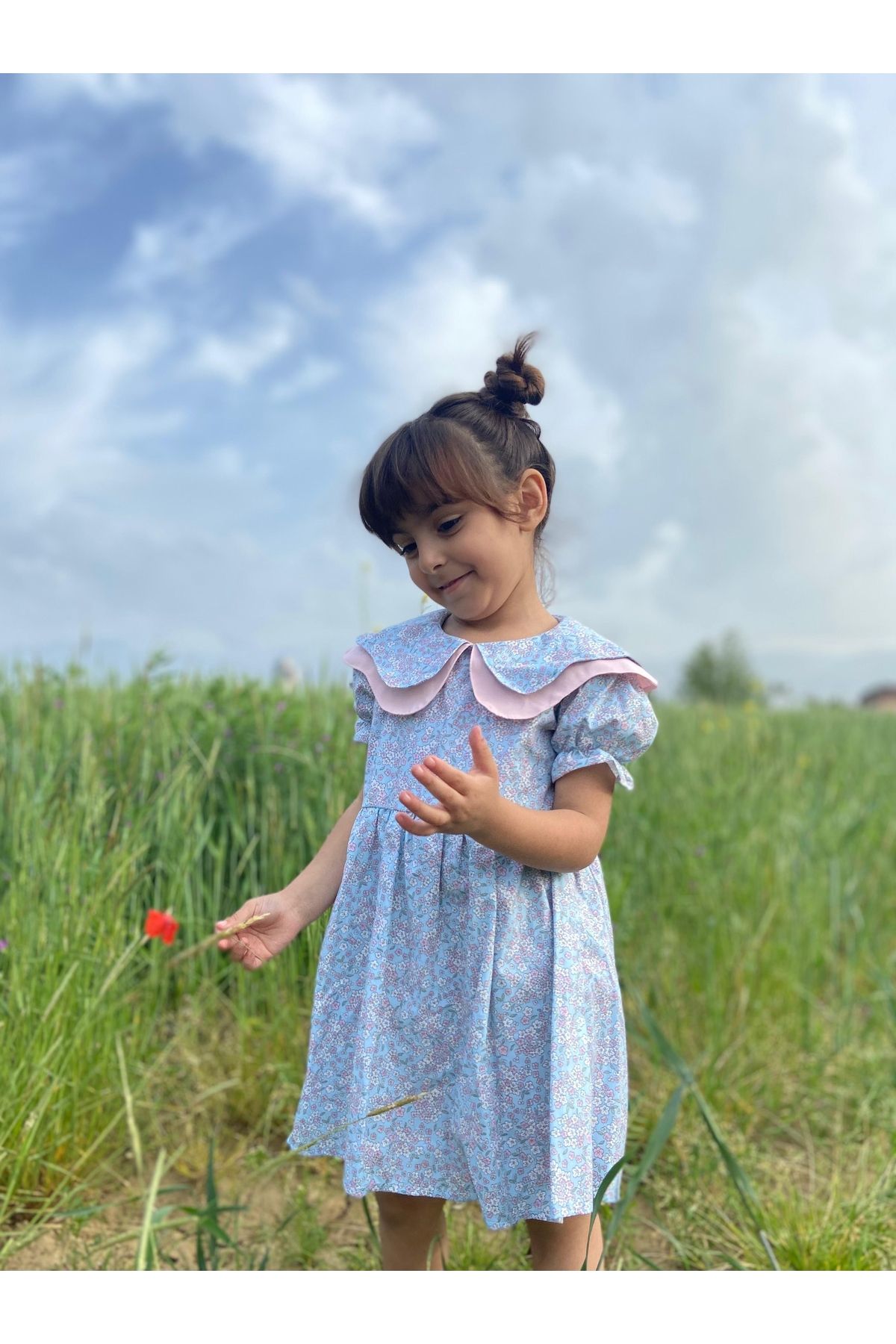 Jasmine Mavi Kız Çocuk Elbise Yazlık Kısa Kollu