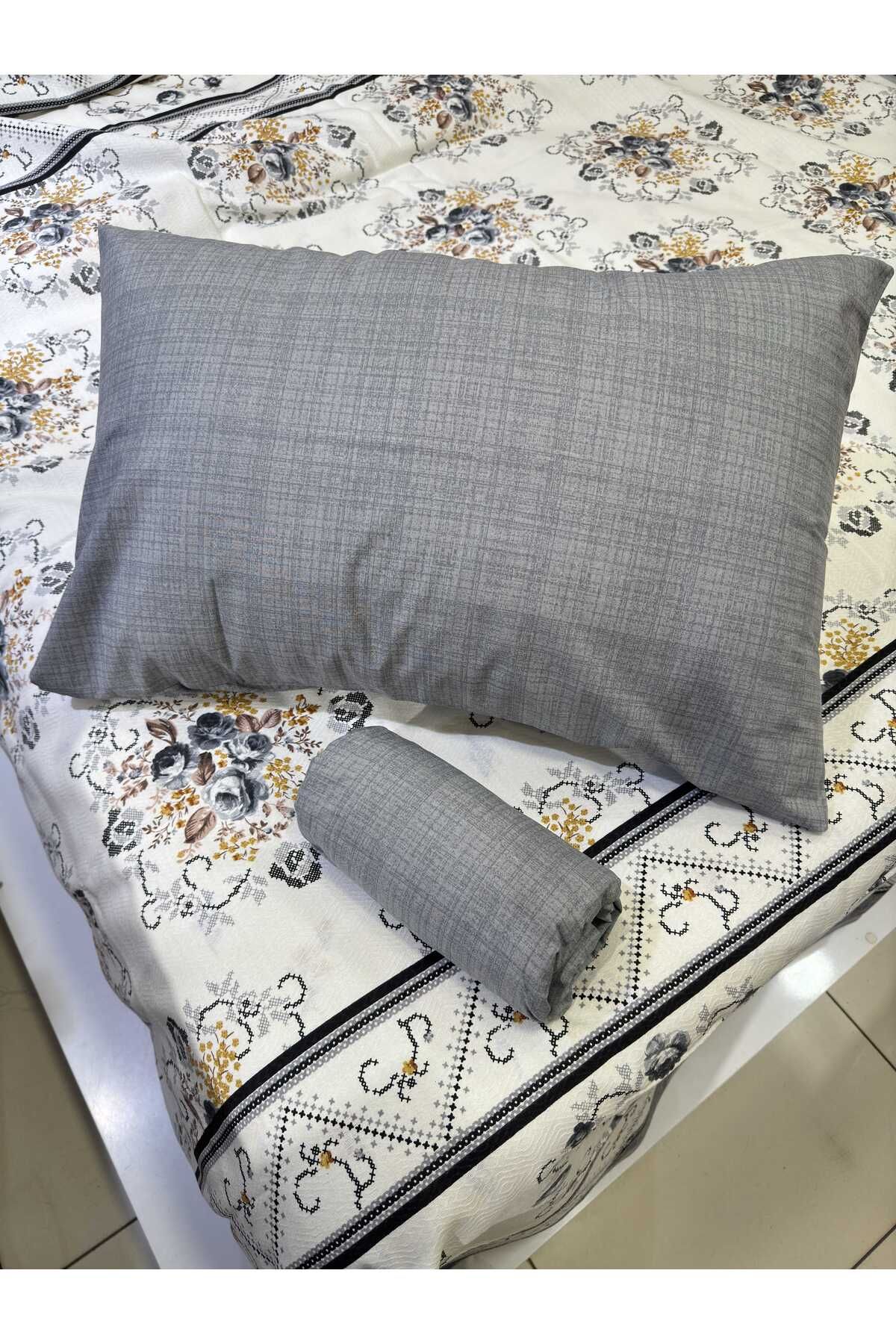 ŞENER HOME-Bouquet Patterned Bed Sheet with Elastic Single Pique Set - Gray 5
