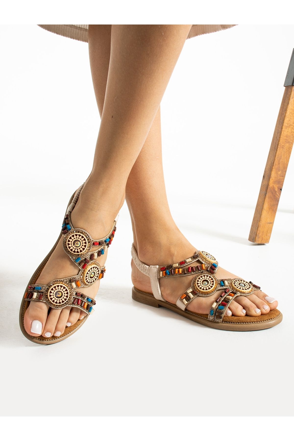 Alemdar Shoes Sandale Pentru Damă - Culoare Crem, Cu Mărgele Femeie - 36