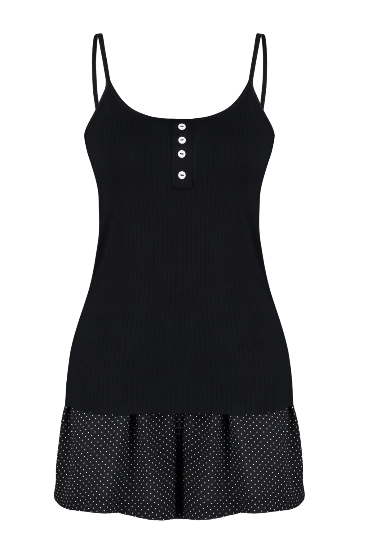 Trendyolmilla  Siyah Puantiyeli Düğme Detaylı İp Askılı Şortlu Örme Pijama Takımı THMSS24PT00335 - Görsel 7