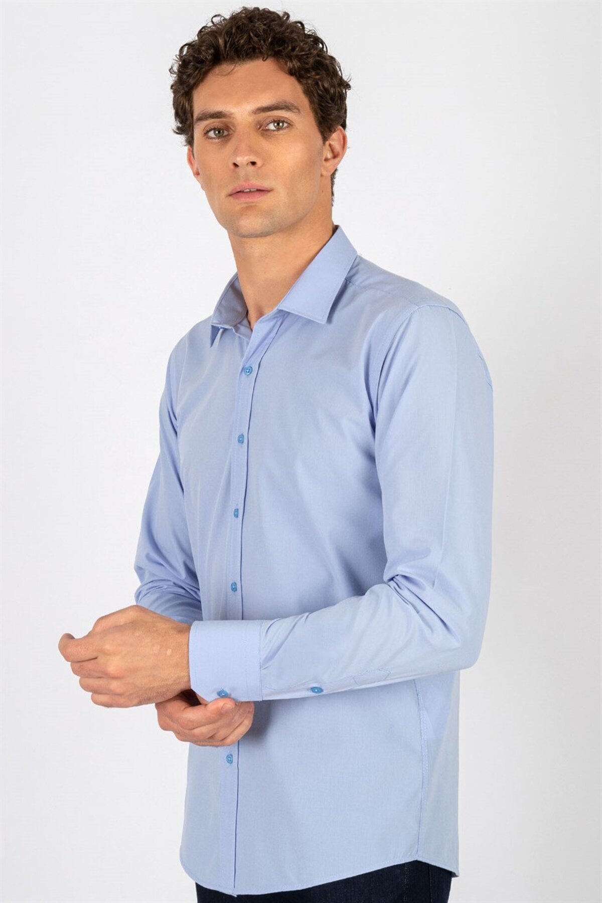 پیراهن آبی مردانه آستین بلند پنبه ای اسلیم فیت مدرن Tudors