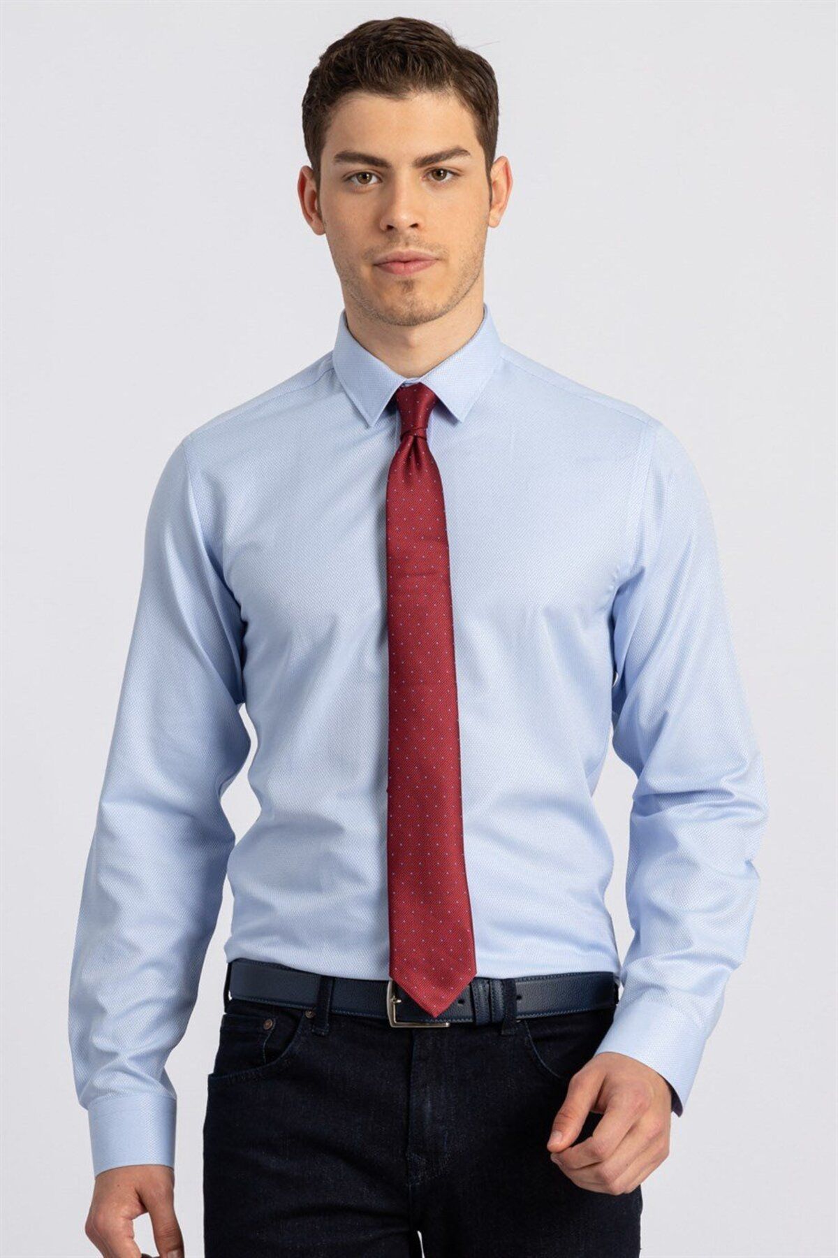 Tudors-Cămașă albastră pentru bărbați, din bumbac, cu mânecă lungă, slim fit, ușor de călcat Dobby 1