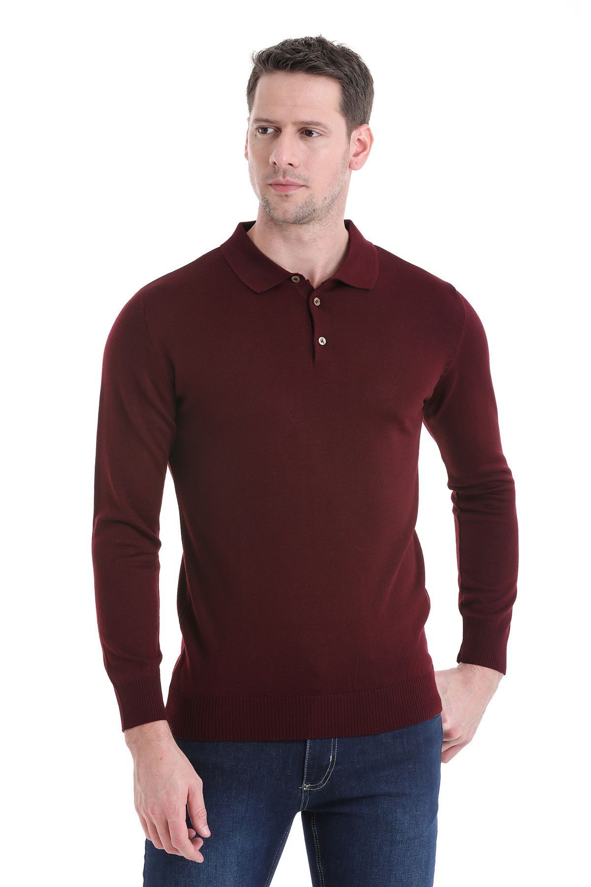 ژاکت بافتنی یقه چوگان ساده Claret Red Regular Fit Hatemoğlu