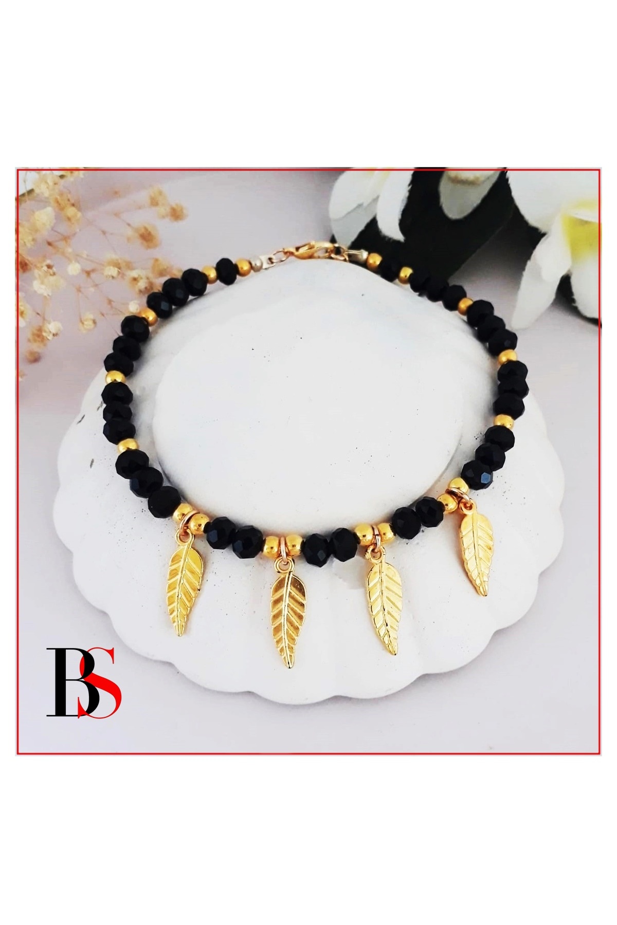 Bijustore Siyah Kristal Taş - Yaprak Kadın Halhal