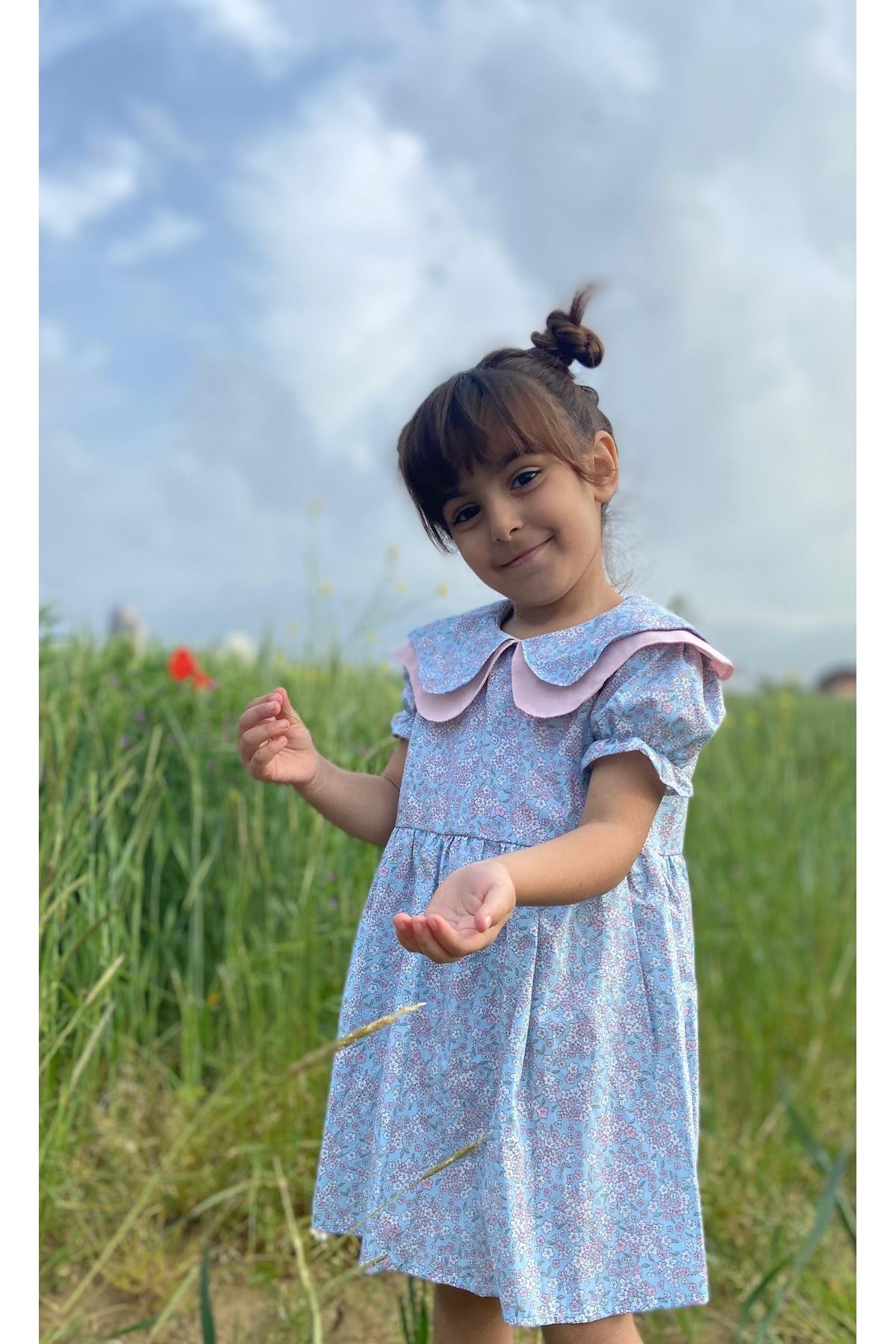 Jasmine Mavi Kız Çocuk Elbise Yazlık Kısa Kollu