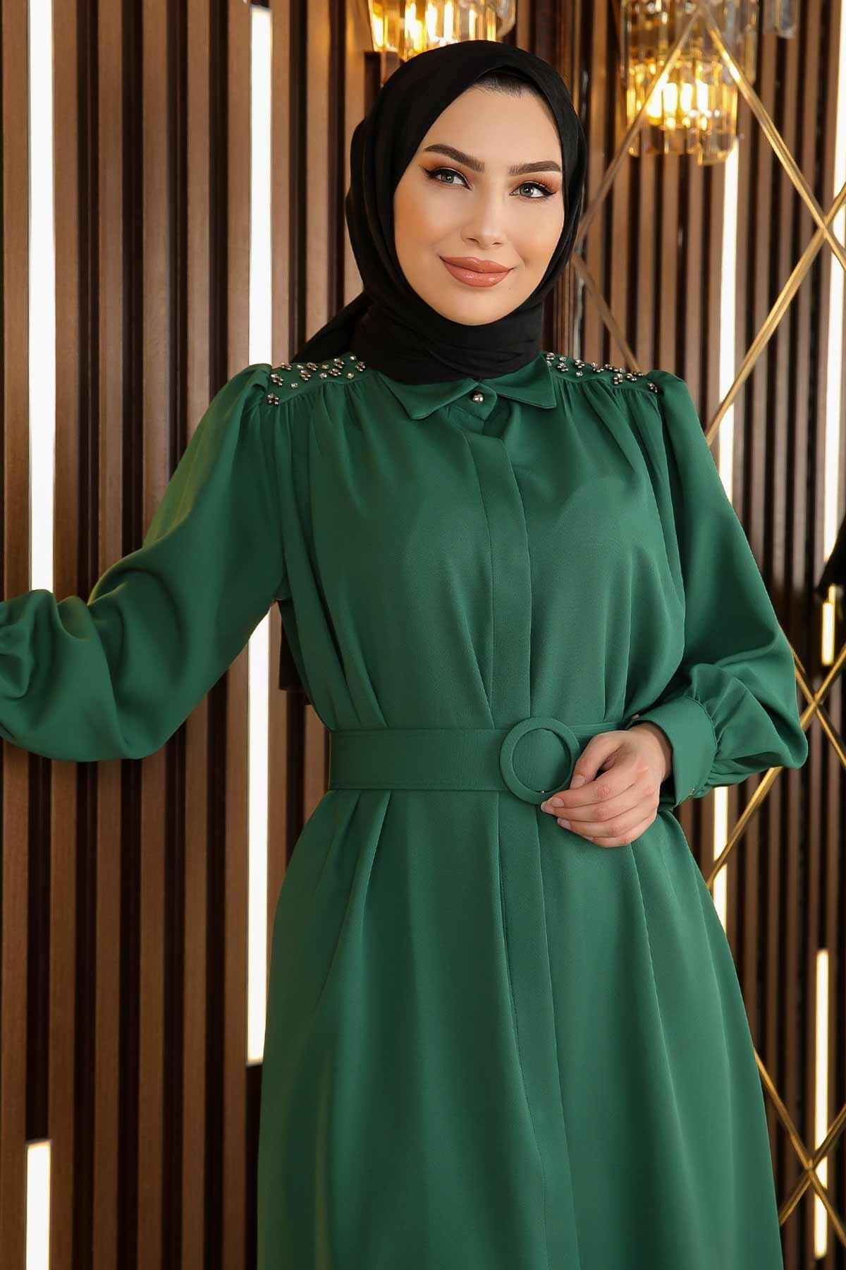 Modamihram-Detailné kamenné šaty s opaskom Emerald 19115 2