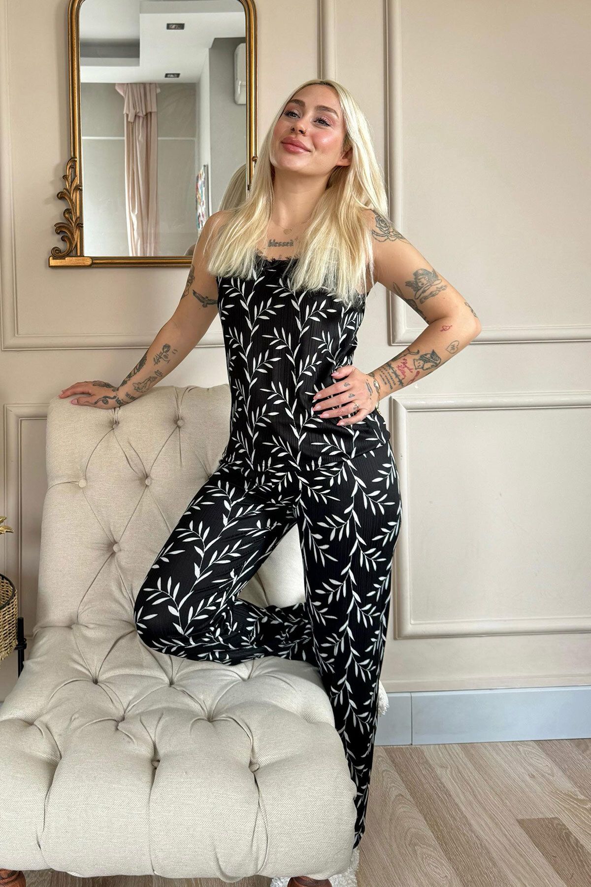 Pijamaevi-Pletená dámská pyžamová sada Black Olive Branch Lace Strap Strap 6