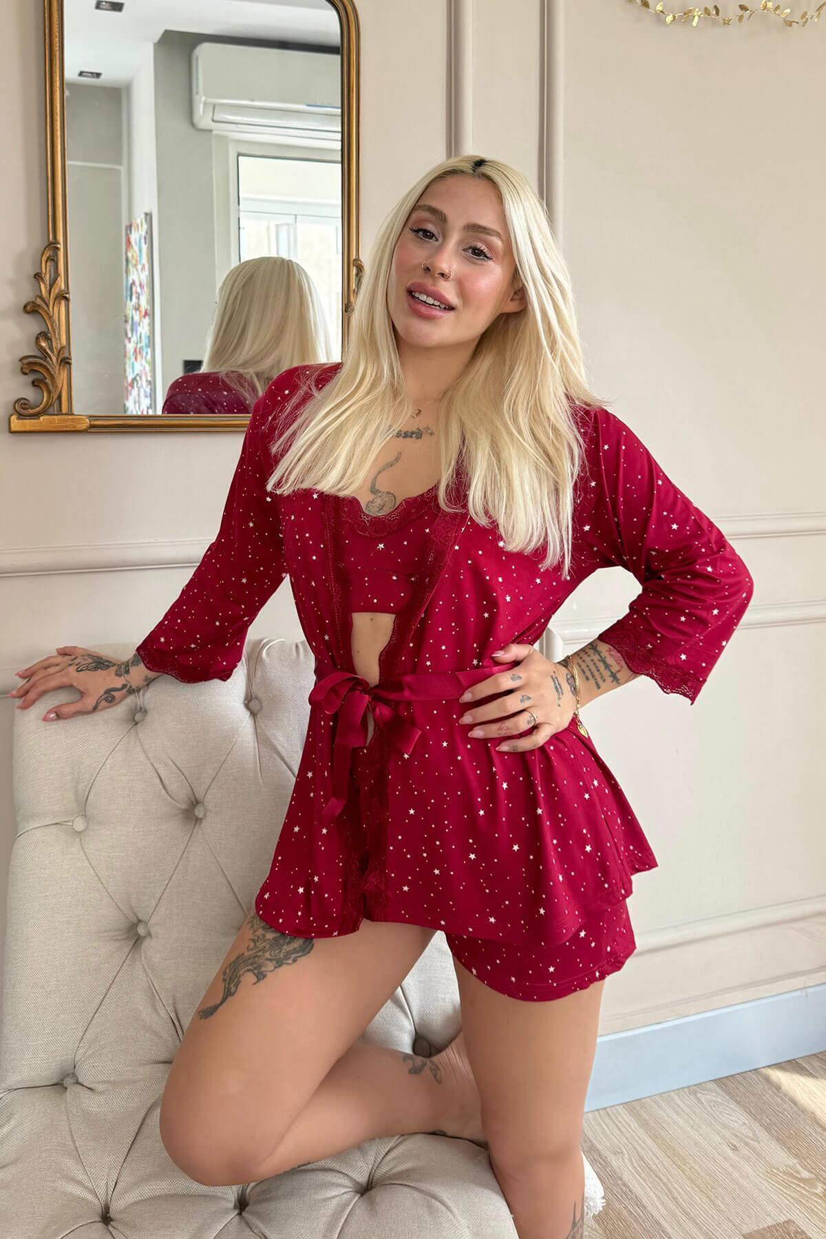 Pijamaevi-Bordeauxrotes Damen-Pyjama-Set aus kurzem Morgenmantel und Shorts aus Bambus mit Mini-Sternenmuster 2