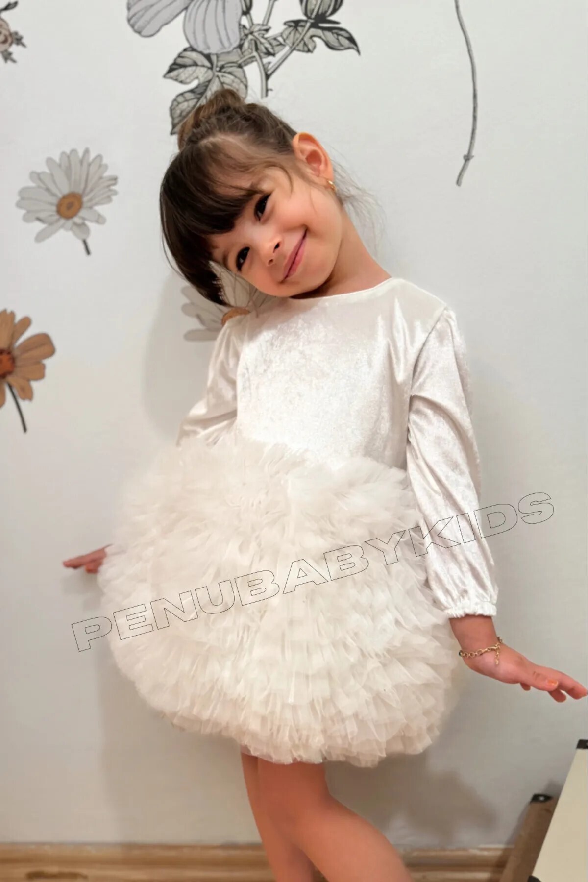 Cream Velvet Long Sleeve Tulle Skirt Baby Girl Dress