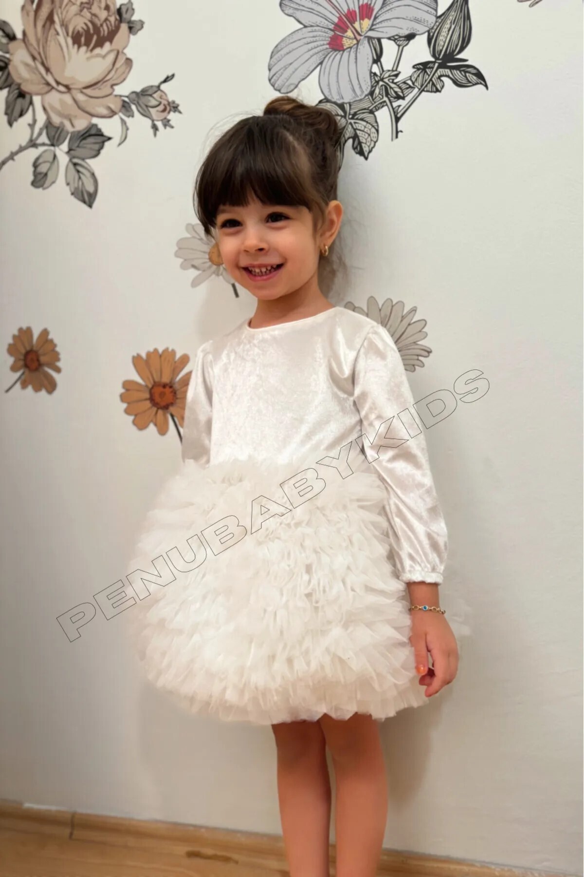 penu baby kids Ekru Altı Tütü Etekli Kadife Uzun Kollu Kız Bebek Elbise fotoğrafı 2 (önizleme)