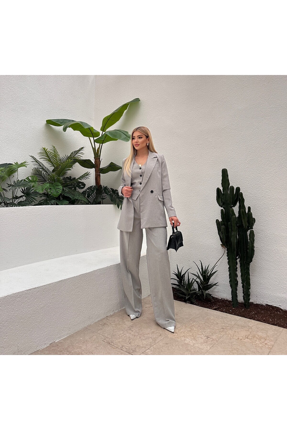 Stripe Patterned Trousers Jacket Vest 3-Piece Women's Suit