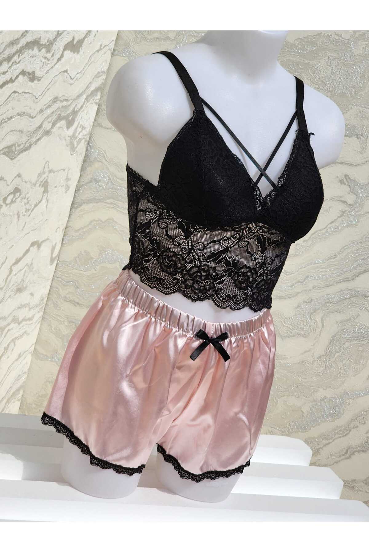 ESTUAL Saten Dantel Detaylı Şortlu  Gecelik Takımı Pudra