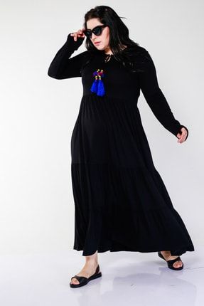 Kadın Büyük Beden Uzun Kollu Mavi Püsküllü Siyah Elbise 1771