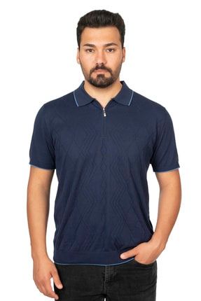 Lacivert Desenli Fermuarlı Polo Yaka Yazlık Triko T-shirt Pamuk M02
