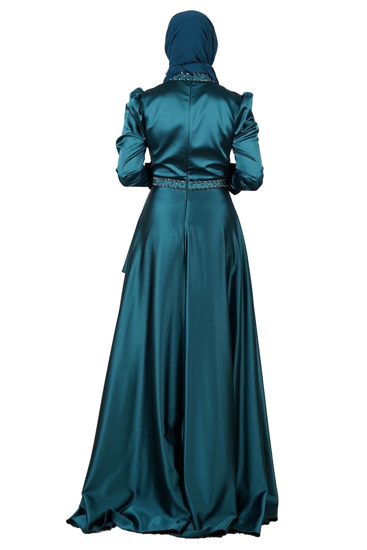 SpringStore-Green Satin Hijab Evening Dress 3