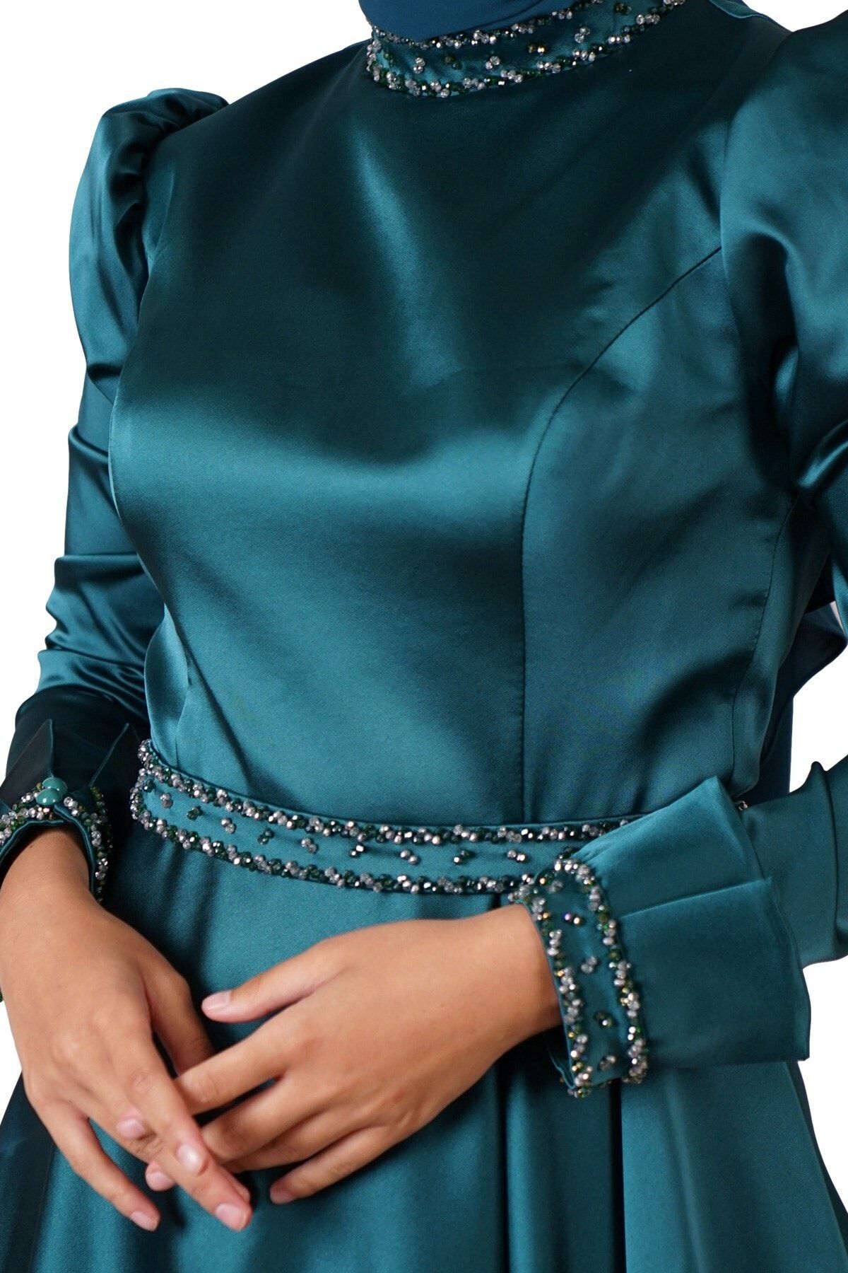 SpringStore-Green Satin Hijab Evening Dress 4
