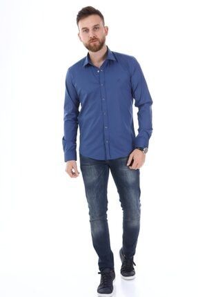 Erkek Mavi Çıt Çıtlı Uzun Kol Slimfit Gömlek YZY-401
