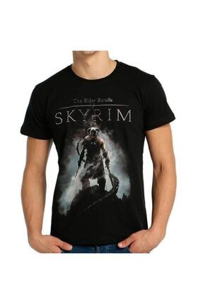 Erkek Siyah Elder Scrolls Skyrim Baskılı T-shirt B111-182s