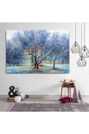 Yağlı Boya Görünümlü Mavi Çiçekli Ağaçlar Kanvas Tablo Premium Kalite manzara14