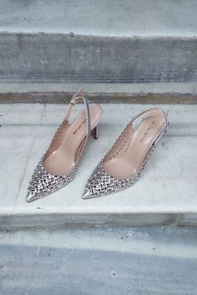 11 Cm Gümüş Stiletto Taşlı Lazerli Topuklu Arka Açık Kadın Ayakkabı CL1984AQUA