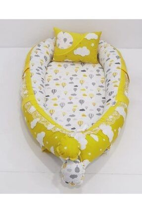 Bebek Anne Yanı Yatak, Yastık Hediyeli Bulut-balon Desen Sarı Renk ZG494