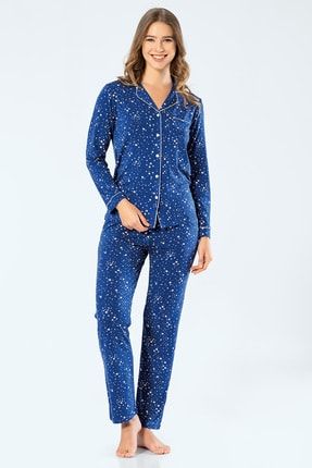 3327 Kadın Yıldızlı Uzun Kollu Gömlek Yaka Pijama Takım Saks TRN3327