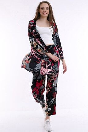 Desenli Kimono ve Beli Lastikli Çift Cepli Viskon Salaş Pantolon Takımı ZYN-58042