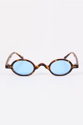 Kadın Leopar Minimal Çerçeve Mavi Camlı Elips Güneş Gözlüğü ZVHRK-2144