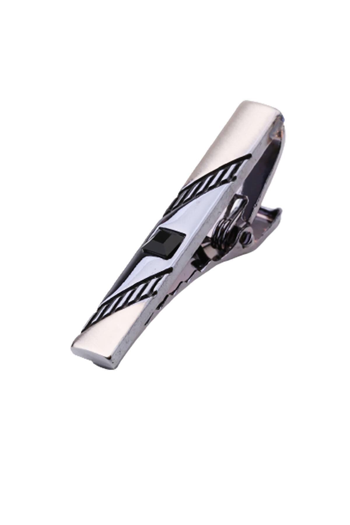  سنجاق کراوات دودی مات خاکستری با سنگ‌های مشکی Kıy444