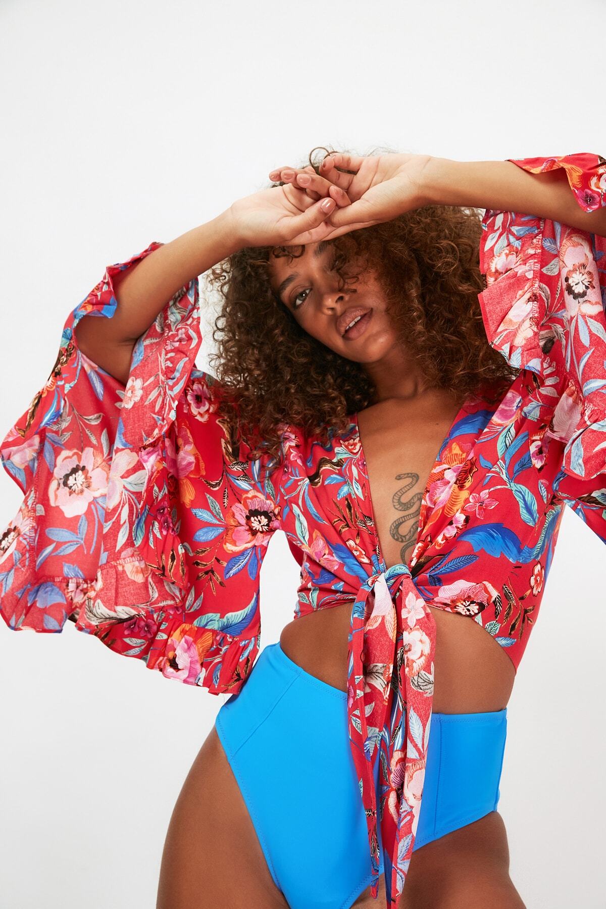 Trendyol Collection-Virágmintás Crop Woven Flounces strandblúz TBESS19BB0095 8