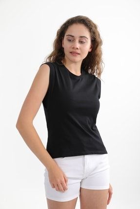 Kadın Siyah Koltuk Altı Parçalı Pamuklu Yarasa T-shirt MDTRN13848