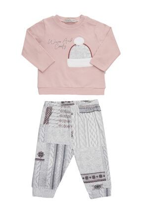 Kız Bebek Örgü Desen Baskılı Uzun Kollu Pijama Takımı RHK12019