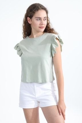 Kadın Yeşil Volan Detaylı Pamuklu Basic Crop Tshirt MDTRN13766