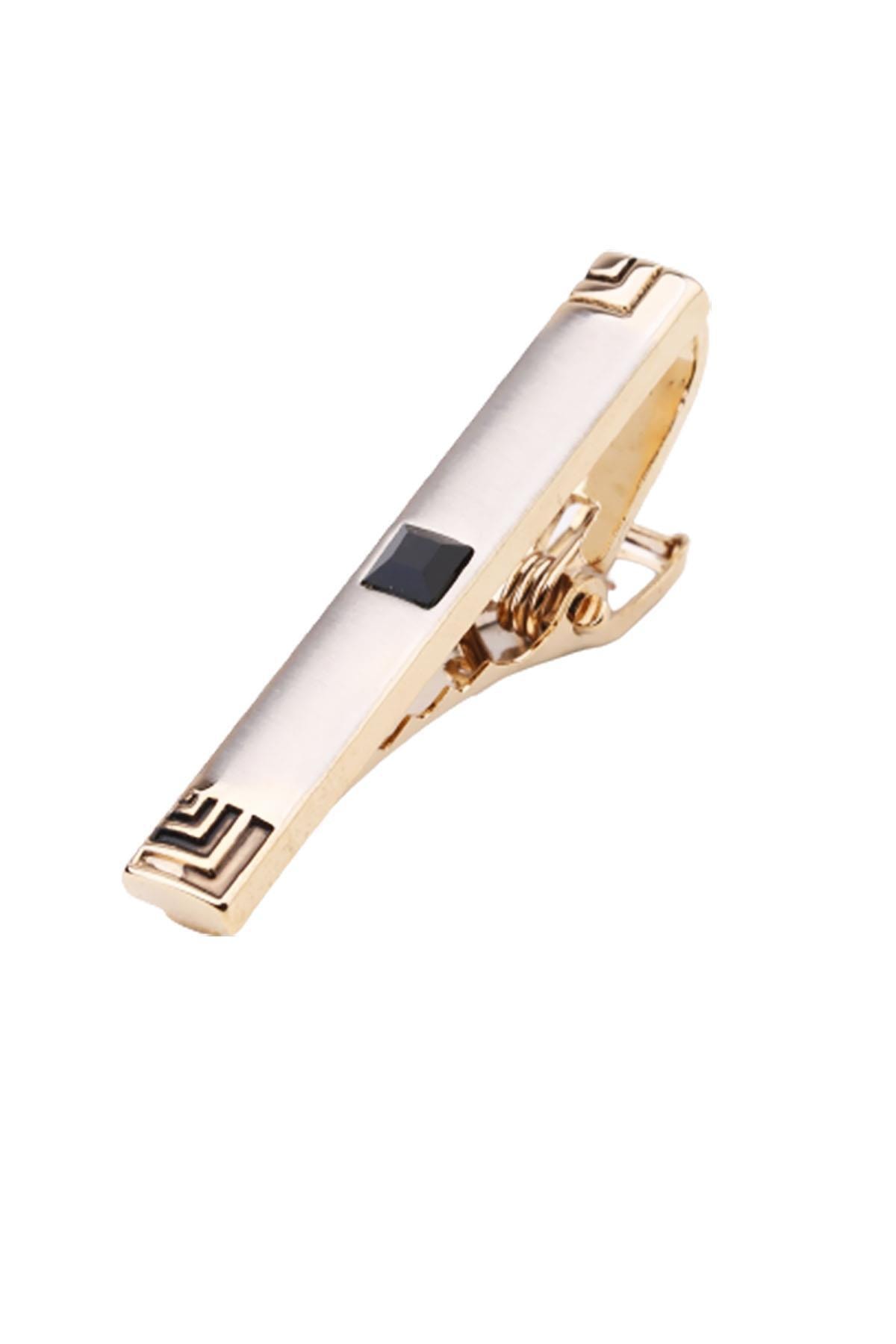  سنجاق کراوات نیمه مات طلایی رنگ با سنگ‌های مشکی Kıy494