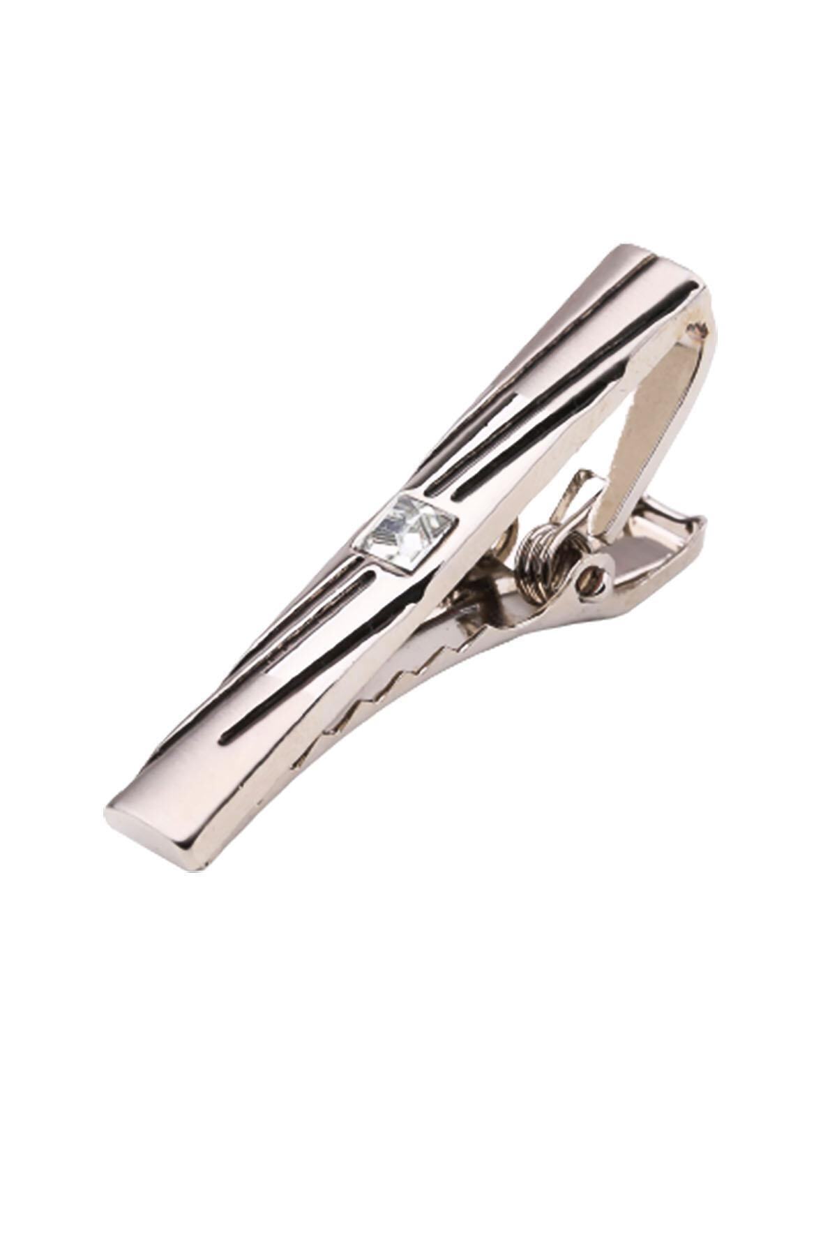  سنجاق کراوات طرح راه راه نقره ای با سنگ های سفید Kıy576