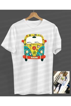 Unisex Kadın-erkek Peace Car Araba Beyaz Yuvarlak Yaka T-shirt S23358041260BEYAZNVM