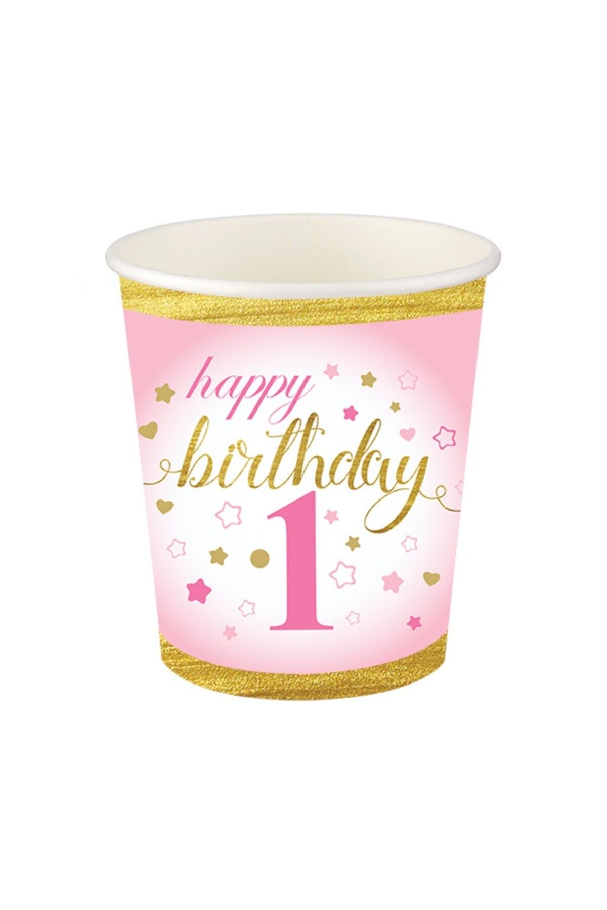 Roll-Up-8 Oz Paper Cups Pack of 8 - Happy Birthday - 1 Year Pink 1