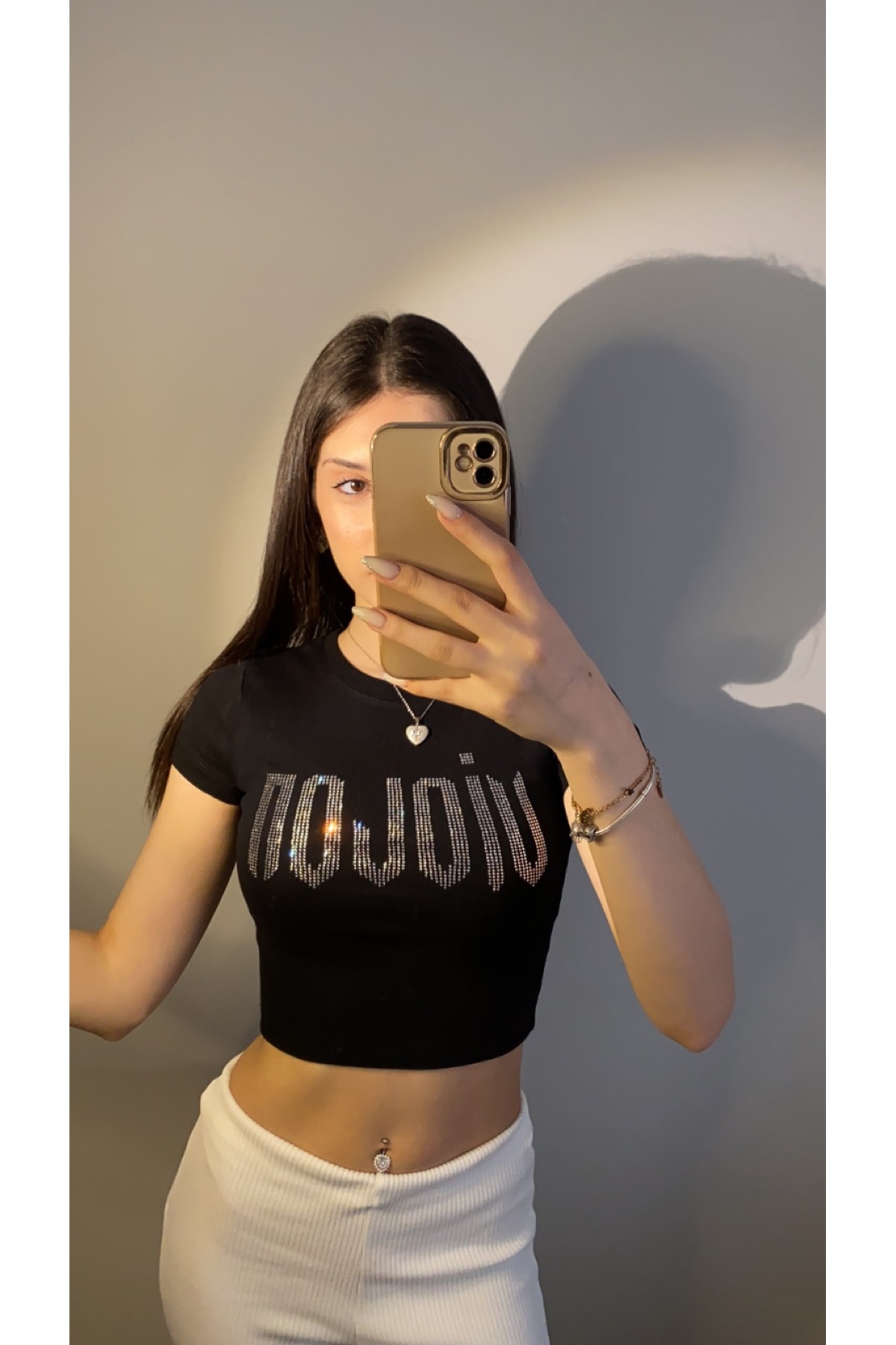 Violon  Siyah Parıltılı Taşlı Violon Desen Kadın Crop Body - Görsel 7