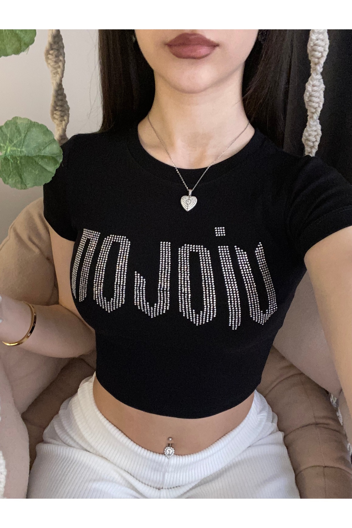 Violon  Siyah Parıltılı Taşlı Violon Desen Kadın Crop Body - Görsel 3