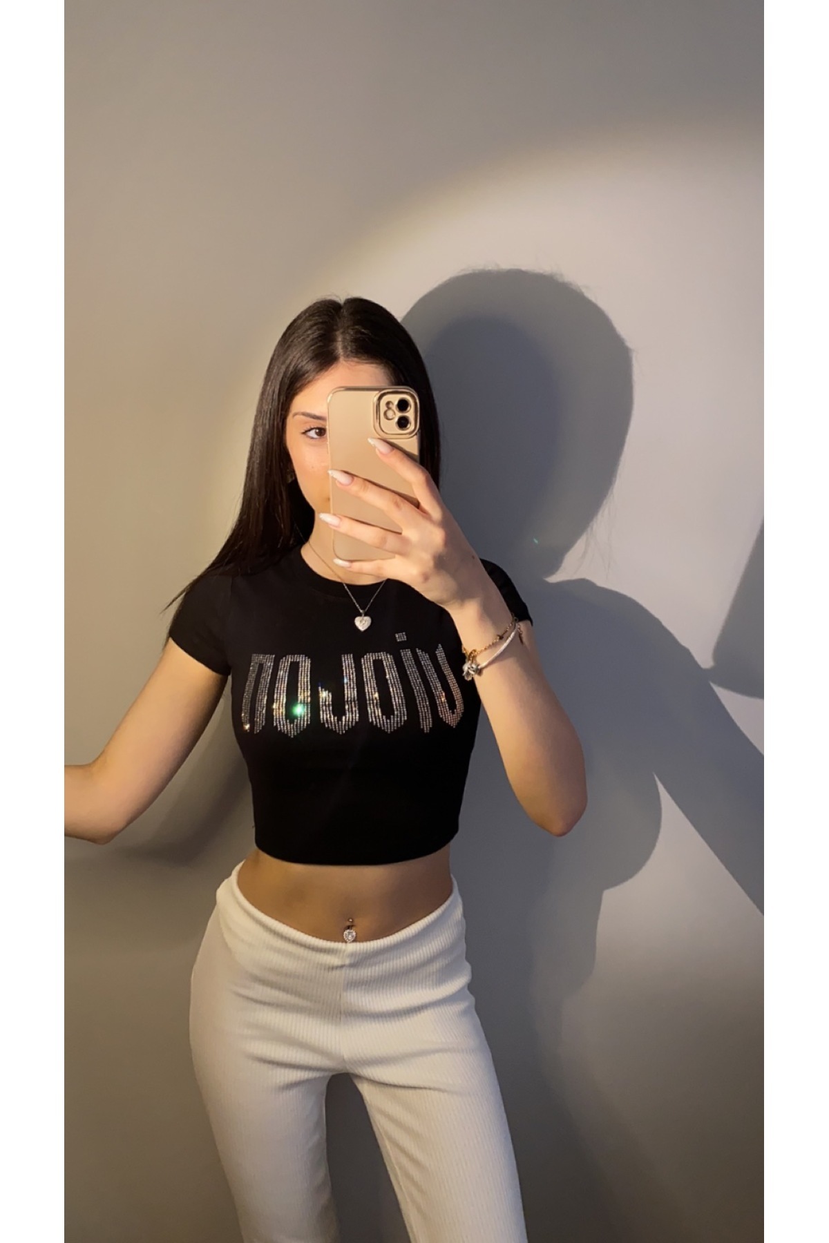 Violon  Siyah Parıltılı Taşlı Violon Desen Kadın Crop Body - Görsel 5