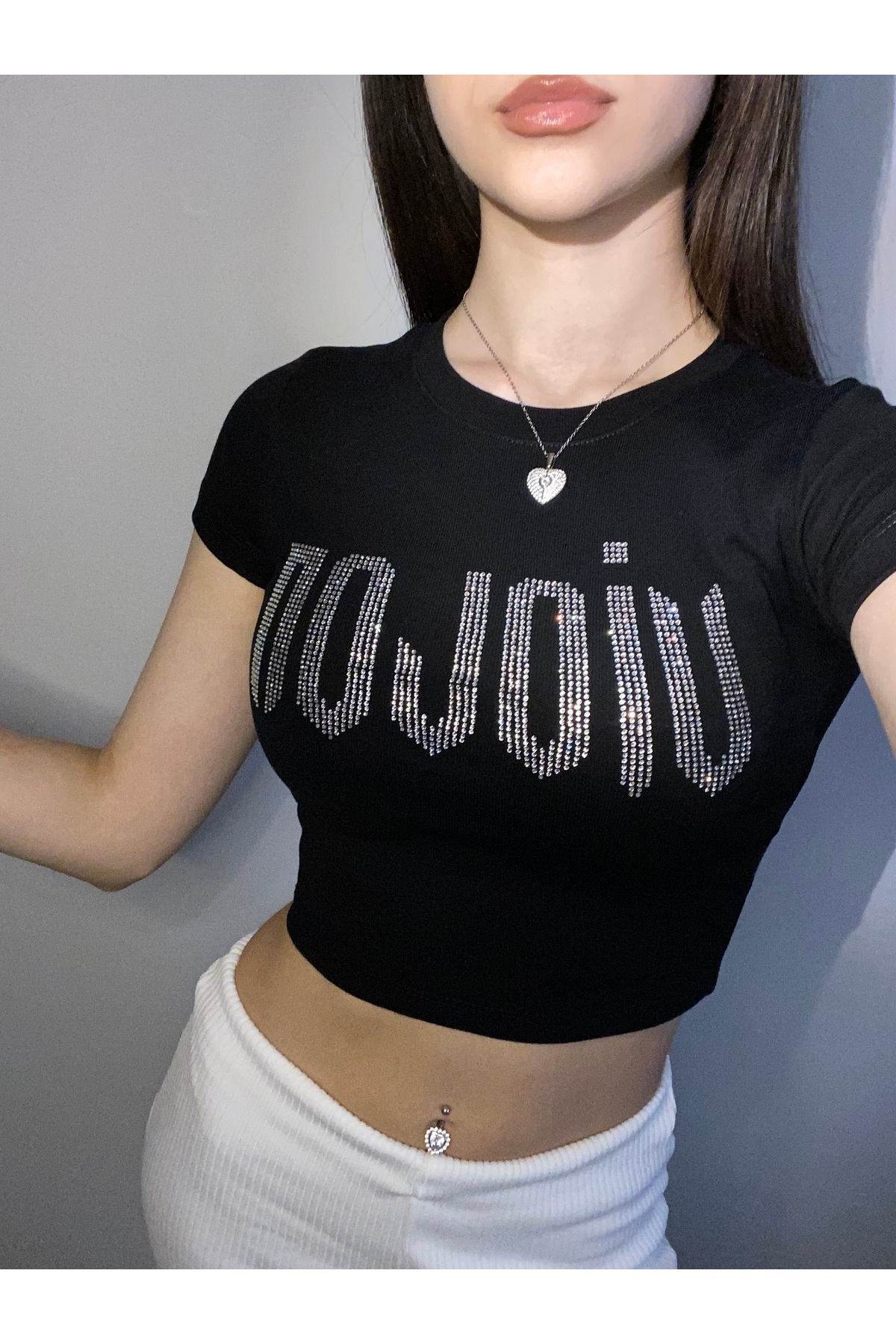 Violon  Siyah Parıltılı Taşlı Violon Desen Kadın Crop Body - Görsel 6
