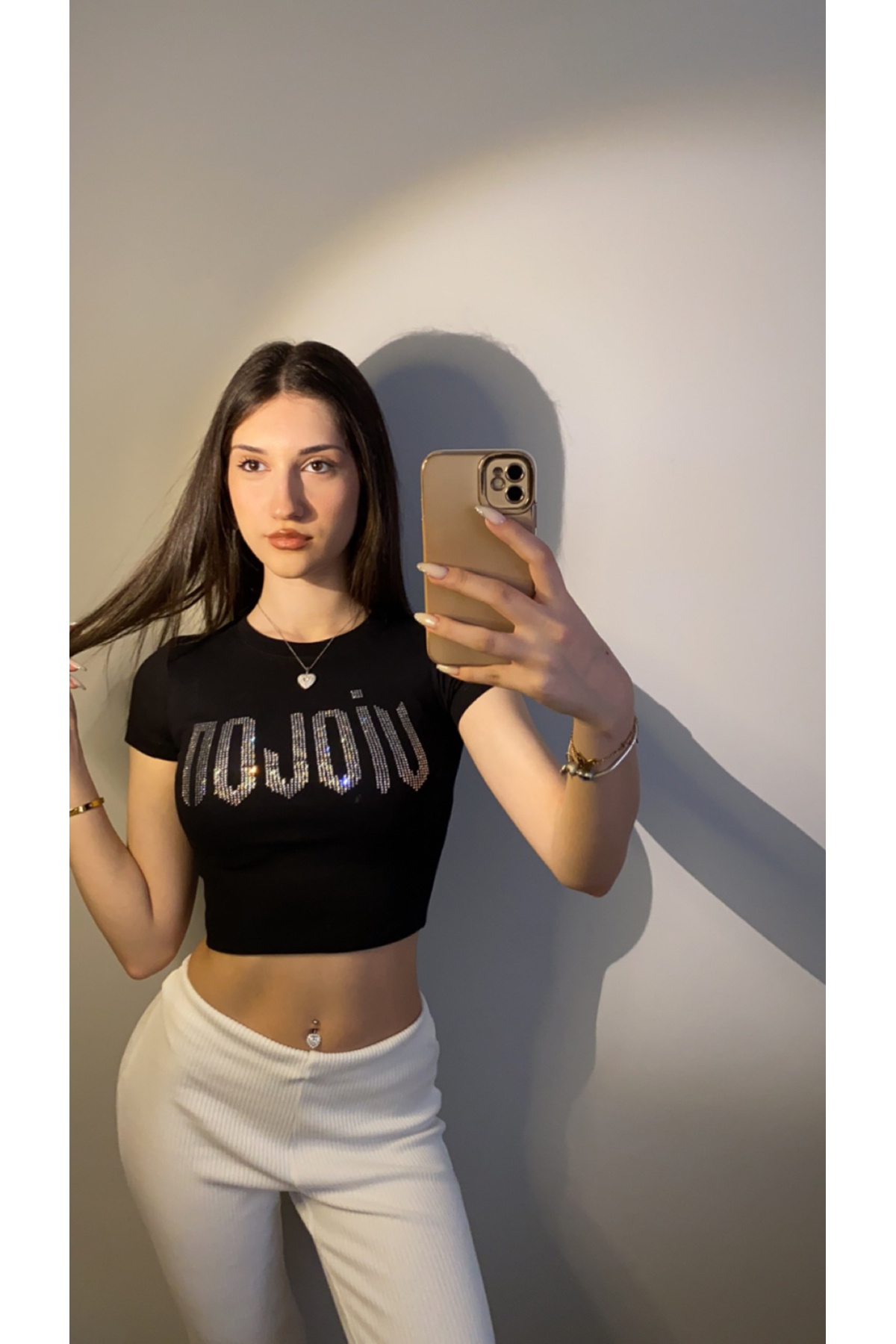 Violon  Siyah Parıltılı Taşlı Violon Desen Kadın Crop Body - Görsel 4