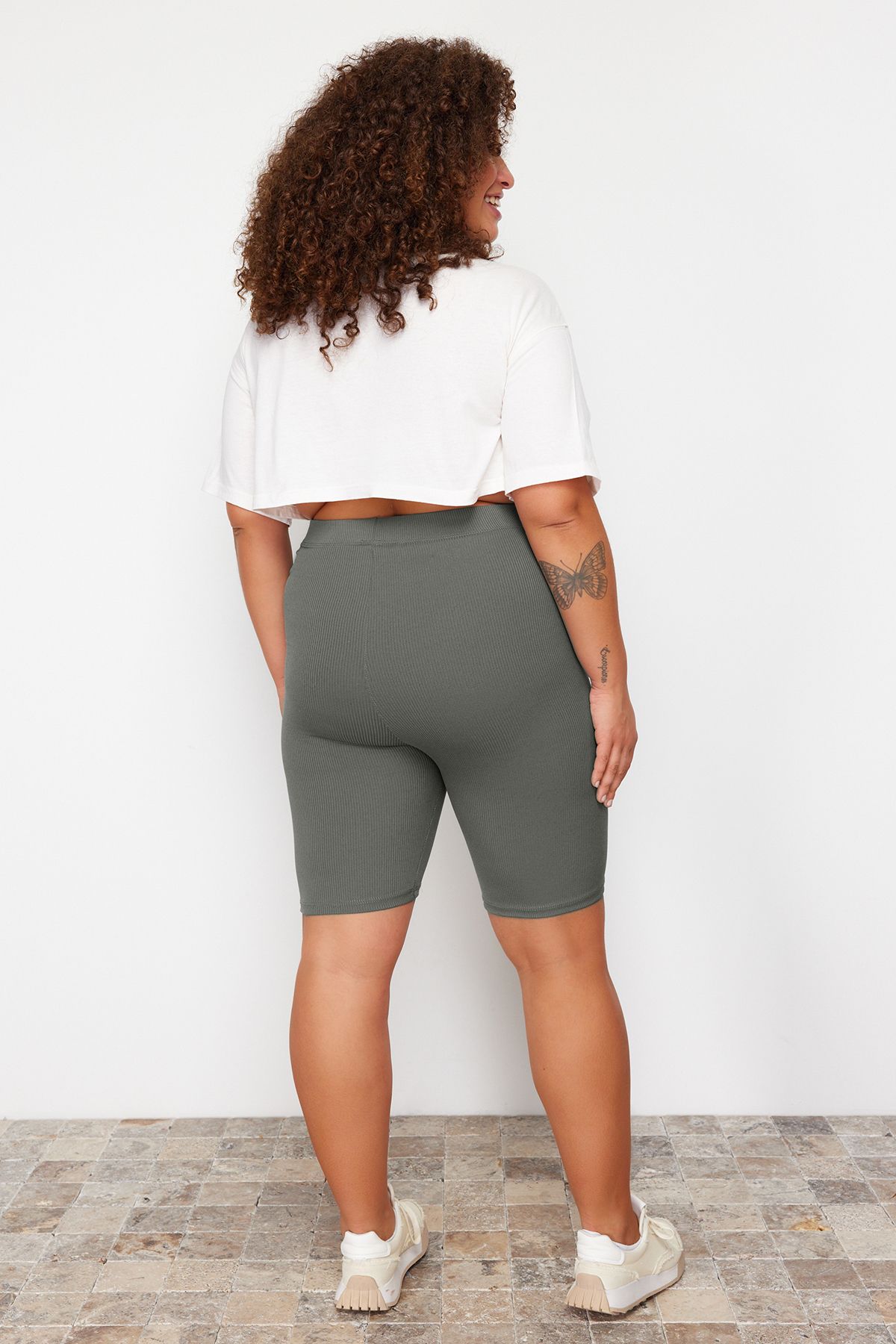 Trendyol Curve-Magas derekú motoros leggings - sötétkék/khaki, alacsony hosszúságú, bordás kötött, nagy méretű 2 csomag TBBSS24BV00000 6