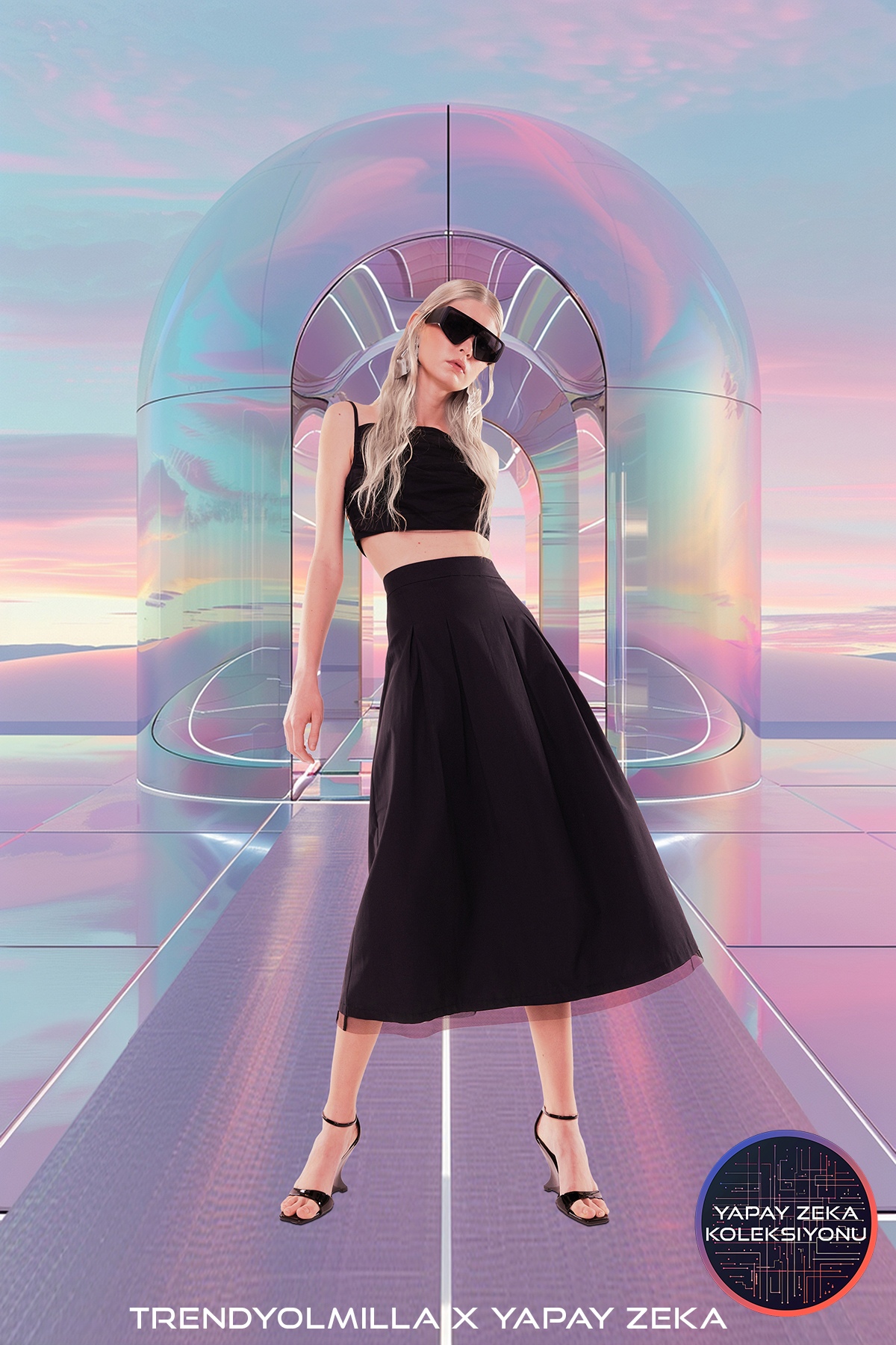 Trendyolmilla X Yapay Zekâ Siyah Tül Detaylı Crop Dokuma Bluz TWOSS24BZ00540