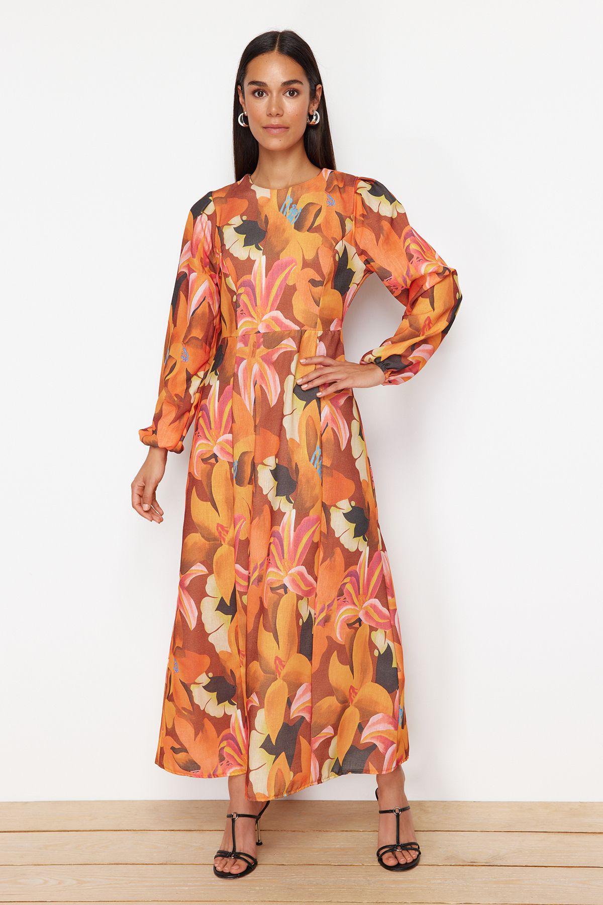 Trendyol Modest-Narancssárga virágmintás szőtt lenvászon ruha TCTSS24EB00102 2